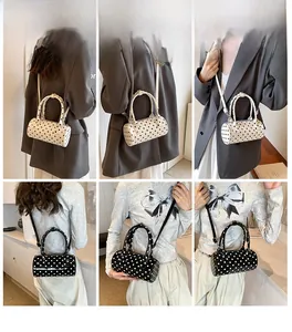 Polka dot mini Boston bag shown from multiple angles in a lifestyle indoor setting
