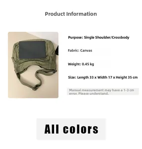 Detail view of khaki canvas messenger bag showing 0.45kg weight and 33x17x35cm dimensions