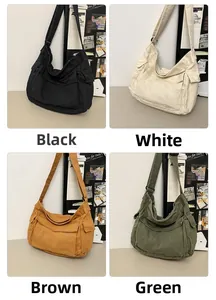Collage of four large canvas crossbody bags in black, white, brown and green colors