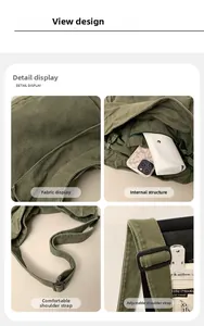 Detail of army green canvas shoulder bag showing adjustable strap and interior storage