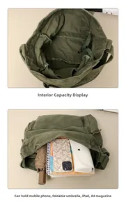 Detail view of large canvas messenger bag interior fitting A4 magazines and an iPad