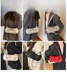 Collage showing four colors of Y2K style faux leather shoulder bags with double buckles