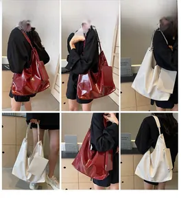 Large glossy leather shoulder tote bag with matching pouch shown from multiple angles