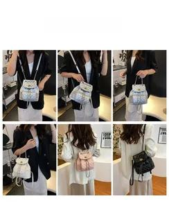 Quilted mini backpack with chain straps shown in silver, white, pink, and black colors