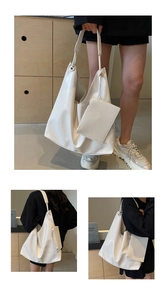 Detail of white glossy PU leather tote with a small detachable pouch showing its large capacity