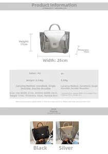 Spécifications de taille pour sac à main en cuir PU argenté mesurant 17x25x10cm de détail