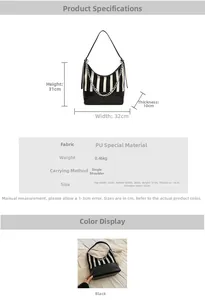 Size details of a black and white striped PU shoulder bag with crossbody strap