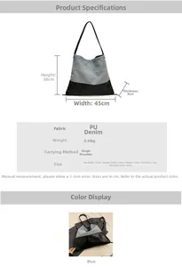 Detailed technical drawing of denim tote bag with dimensions, weight and material specifications