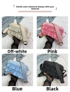 Rüschen-Umhängetaschen aus Nylon in den Farben Cremeweiß, Rosa, Blau und Schwarz