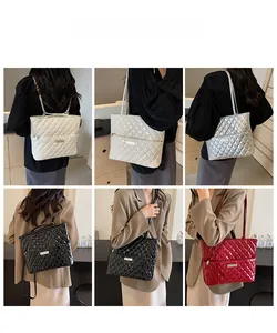 Collage showing quilted tote bag in various colors worn by a model in a studio setting