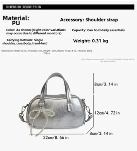 Detailed size specifications and dimensions for the silver PU leather pearl bow handbag