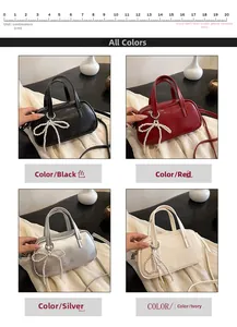 Minimalist square crossbody bag in four colors with pearl bow charm and faux leather finish