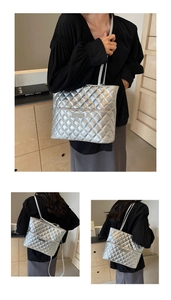 Detail of silver quilted tote bag showing metallic texture and diamond stitching patterns