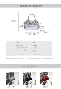 Detailed size specifications for the mini Boston crossbody bag in silver, black and red