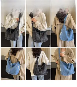 Mehrere Ansichten der großen Vintage-Jeans-Umhängetasche an einem Modestudenten