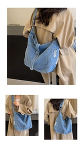 Detail of light blue denim tote with frayed edges and buckle in a casual crossbody style