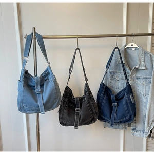 Three-color set of washed denim crossbody tote bags with adjustable metal buckle straps