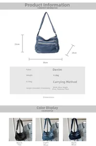 Denim tote bag size 30x21x14cm with color options in dark blue, light blue, and black tea