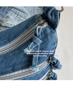 Detailed close-up of blue denim shoulder bag featuring high-quality hardware and denim zipper pulls