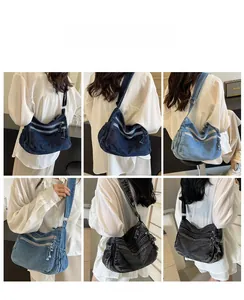 Three colors of washed denim tote bags shown in a multi-angle model lifestyle view