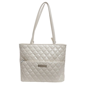 Classic white quilted PU leather tote bag with dual handles and metal logo detail