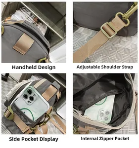 Detail showing adjustable strap, mesh side pocket, and inner zipper pocket of the crossbody bag