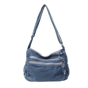 Borsa a tracolla in denim capiente in stile giapponese con tasche con zip