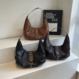 Vintage large capacity hobo tote bag in brown and black with silver star rivet details