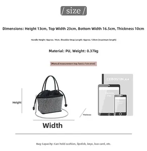 Size guide for rhinestone bucket bag showing dimensions 23x13x10cm and strap length 120cm