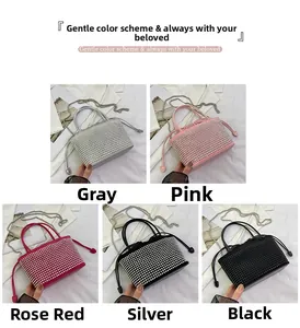 Detailed grid view of rhinestone bucket bags with drawstring and metal chain straps