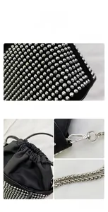 Macro detail of rhinestone bucket bag showing sparkling crystals and drawstring closure