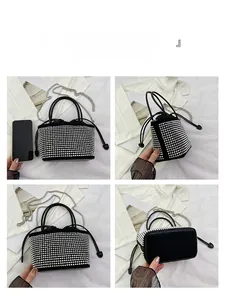 Detailed four-angle view of black bucket bag with silver studs and chain strap