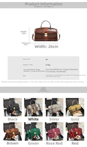 Detailed size specifications and color options for snakeskin texture PU leather tote bag