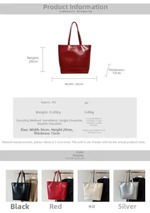 Detailed size chart and color options for large PU leather tote bag in four colors