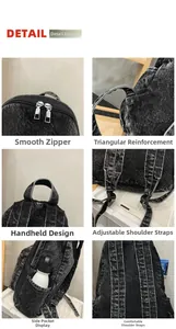 Detail view of denim backpack showing reinforced stitching, smooth zippers and side pockets