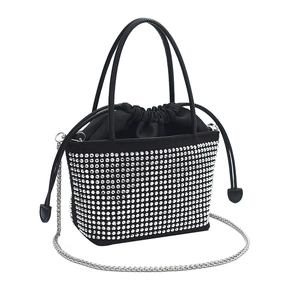 Elegant black bucket bag with sparkling silver rhinestones and metal chain strap