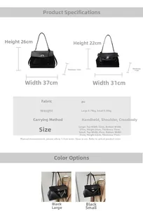 Size guide for PU leather tote bag showing dimensions for large and small variants