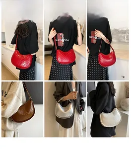 Quilted hobo shoulder bags shown in red, silver, beige, and brown color options