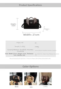 Detailed dimension chart and multi-color crossbody bag options with silk scarf handles
