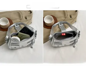 Vue intérieure du sac à bandoulière argenté avec rivets pour téléphone et maquillage