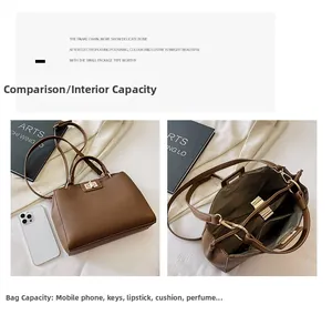Internal view of brown leather tote showing spacious compartments and metal twist lock