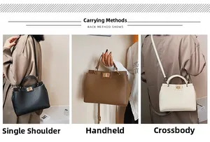 Three leather tote bags in black, brown, and cream showing shoulder and crossbody wear