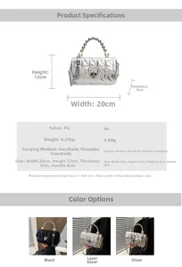 Detailed size chart for silver quilted small square bag with pearl handle and chain strap