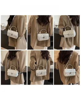 Collage of silver quilted bag with large pearl handle and metal chain shoulder strap