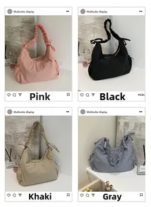 Collage of four stylish ruched handle nylon bags in pink, black, khaki, and grey colors