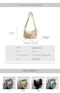 Detailed size chart and four color options for the ruched canvas crossbody bag