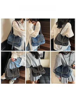 Lifestyle view showing vintage denim patchwork tote bags in blue and charcoal grey tones