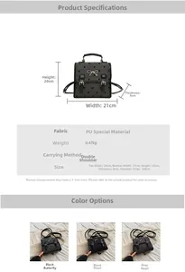 Polka dot backpack technical specifications with dimensions and color options