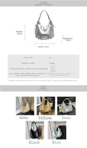 Detailed size specifications and five color variants of PU leather bow shoulder bag