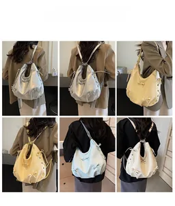 Collage of model showcasing versatile tote bags in silver, yellow, blue, and cream colors